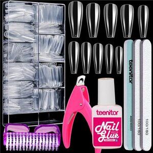 Clear Coffin Nail Tips Set, Long Acrylic Nail Kit Full Cover Clear Press On Nail